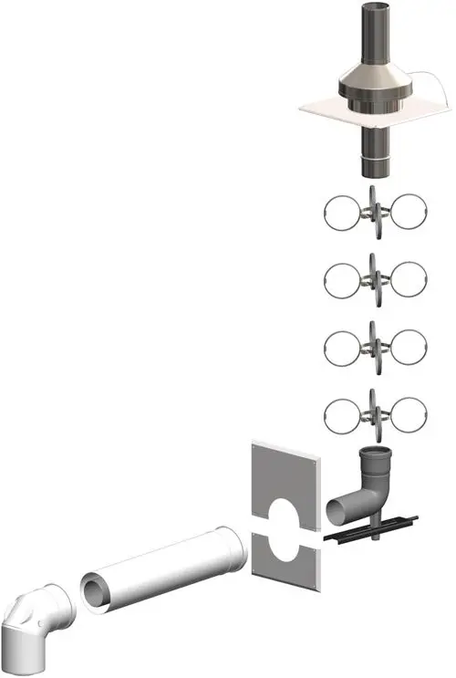 Montageanleitung für ein Edelstahl-Schacht-Set von ATEC, bestehend aus verschiedenen Rohrbauteilen, Dichtungsringen und einem Montageflansch zur sicheren Installation.