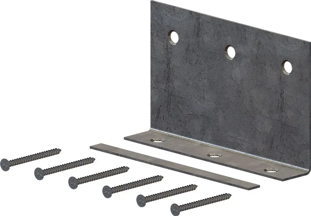 Metallwinkel mit drei Bohrlöchern zur Befestigung. Im Bild sind dazu passende Schrauben zu sehen. Produkt von ATEC.