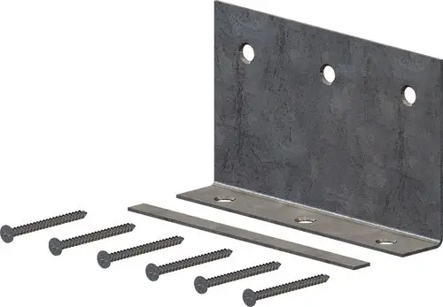 Metallwinkel mit drei Bohrlöchern zur Befestigung. Im Bild sind dazu passende Schrauben zu sehen. Produkt von ATEC.