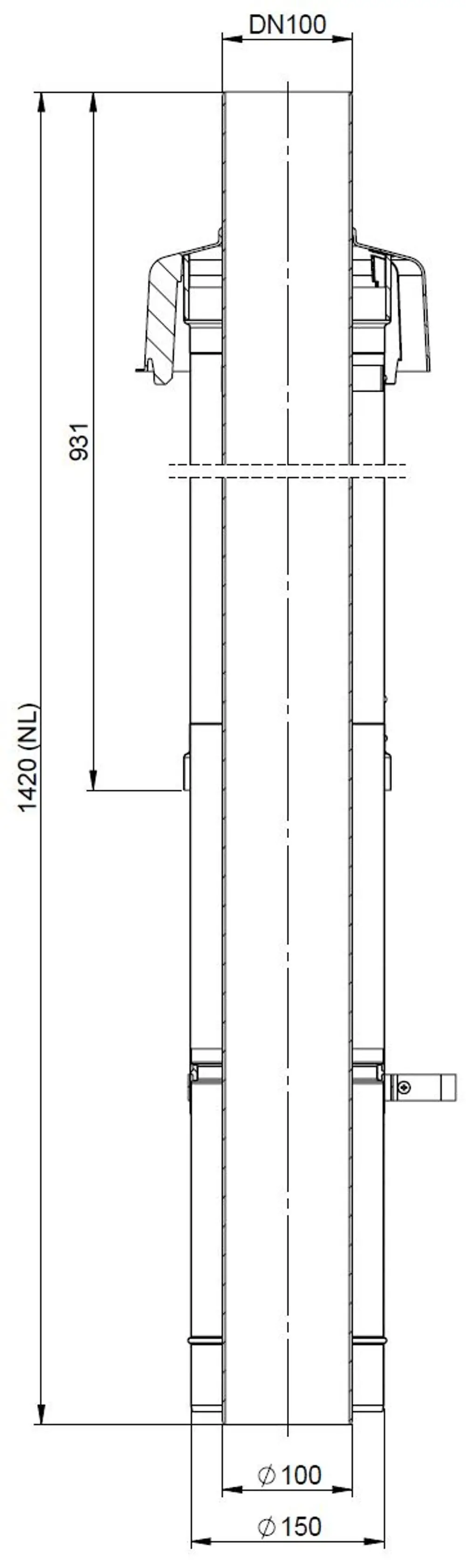 Durchsichtige technische Zeichnung eines ATEC Produkts mit DN100 und DN150 Anschlüssen, verschiedenen Abmessungen und einem Schachtadapter. Illustration der Produktdetails.
