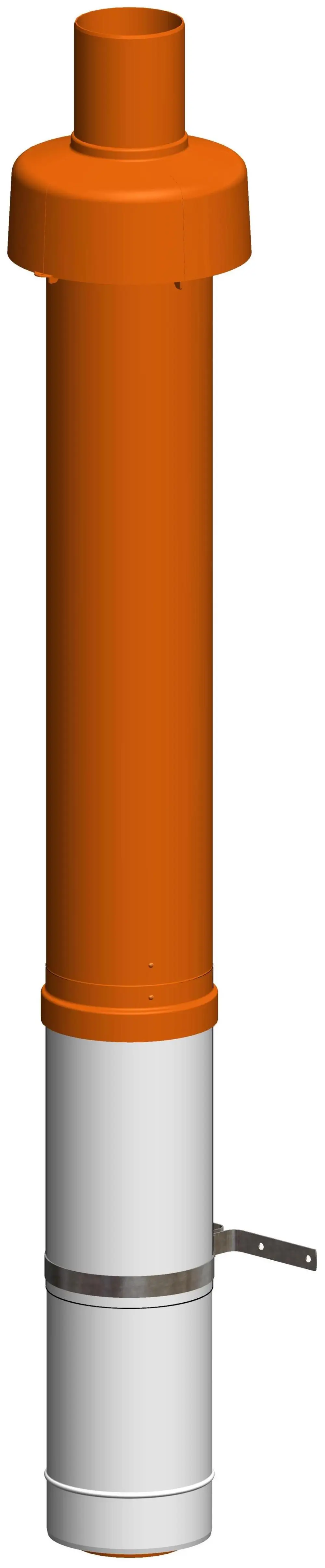 Runde, rohrförmige Dachhochführung in ziegelrot mit einem Schachtadapter, gefertigt von ATEC. Die Konstruktion besteht aus einem oberen orangen und einem unteren silbernen Teil.