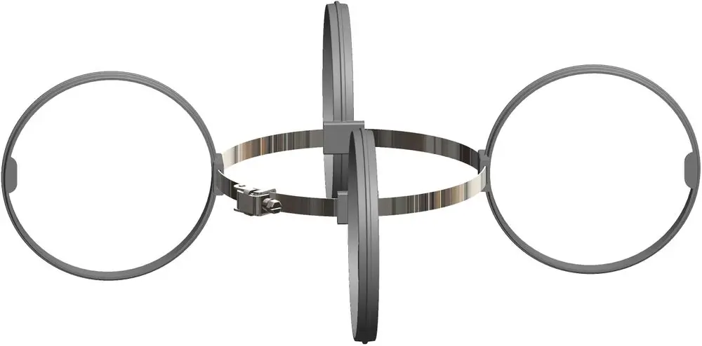 Abstandshalter mit zwei runden Ringen und einer zentralen Befestigung. Produkt von ATEC, geeignet für Rohrleitungen DN 125/160.