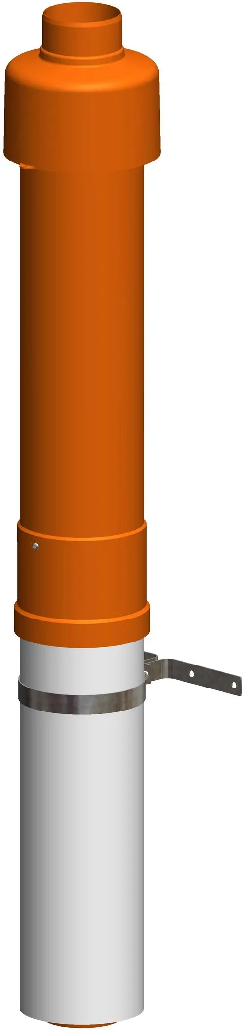 Konzentrische Dachhochführung in ziegelrot, gefertigt von ATEC. Montiert auf einer silbernen Halterung, geeignet für DN80/125 Anwendungen.