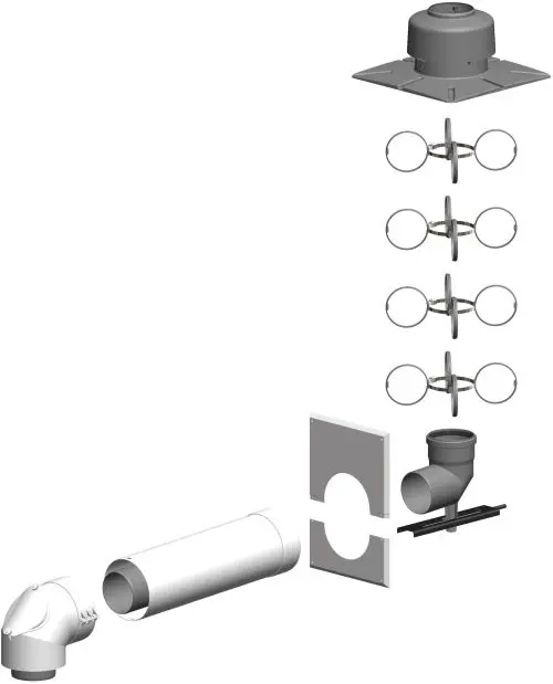 Montageset von ATEC mit verschiedenen Rohren, Formstücken und Anschlussstücken zur Installation in einem Schacht, geeignet für raumluftunabhängige Systeme.