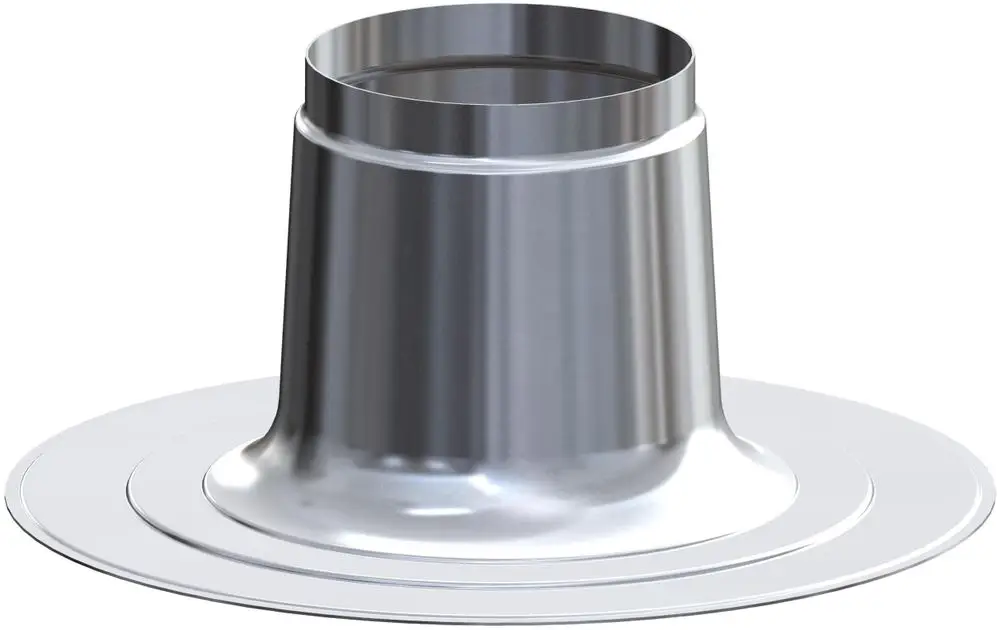 Flachdachkragen aus Metall mit einer offenen Oberseite und einer unterliegenden flachen Basis. Produkt von ATEC zur Verwendung auf Flachdächern.