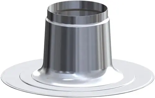 Flachdachkragen aus Metall mit einer offenen Oberseite und einer unterliegenden flachen Basis. Produkt von ATEC zur Verwendung auf Flachdächern.