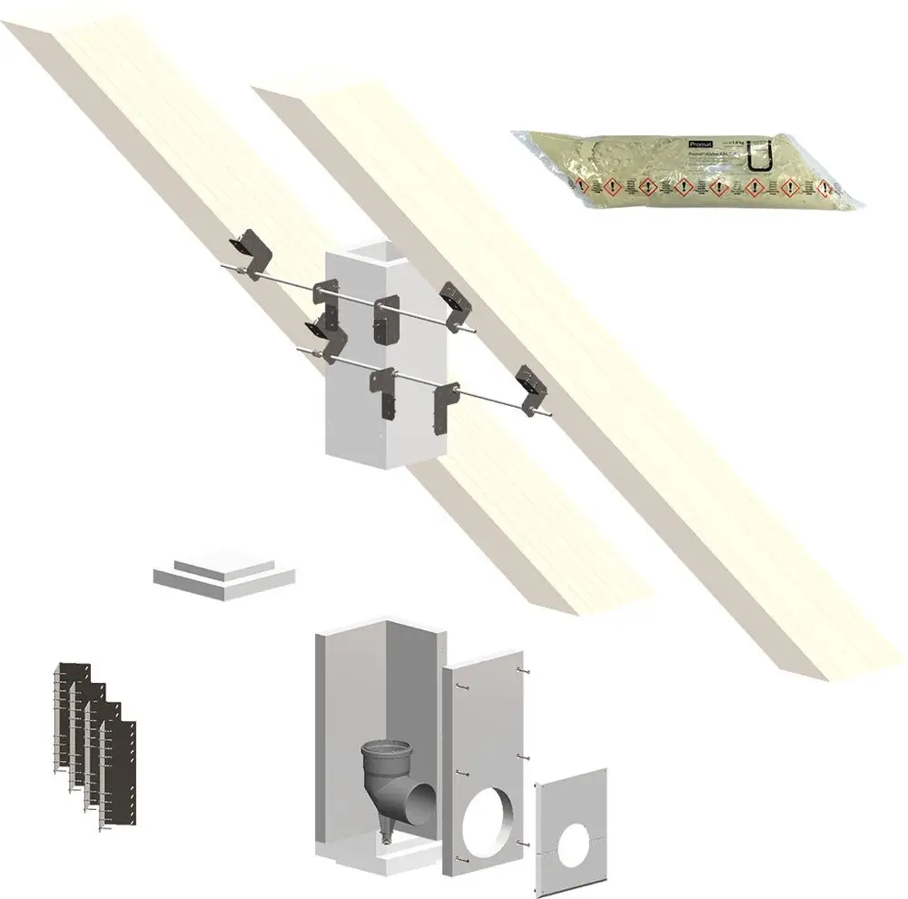 Montageelemente und Zubehör für eine Bodenmontage, dargestellt in einem schematischen Diagramm. Teile umfassen Halterungen, Rohre und einen Behälter. ATEC ist als Marke erkennbar.