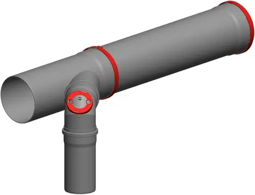 Graues Rohrsystem mit einer gebogenen Verbindung und roten Dichtungen. Produkt von ATEC, geeignet für Rohrinstallationen.