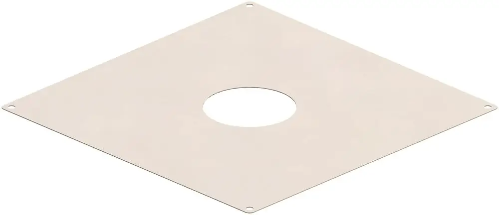 Flache metallene Abdeckplatte mit einem zentralen Loch und vier Befestigungslöchern, hergestellt von ATEC. Eignet sich für verschiedene Anwendungen im Bereich der Lufttechnik.