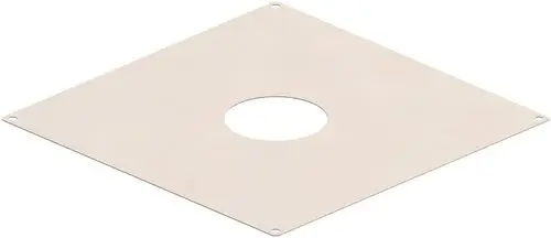 Flache metallene Abdeckplatte mit einem zentralen Loch und vier Befestigungslöchern, hergestellt von ATEC. Eignet sich für verschiedene Anwendungen im Bereich der Lufttechnik.