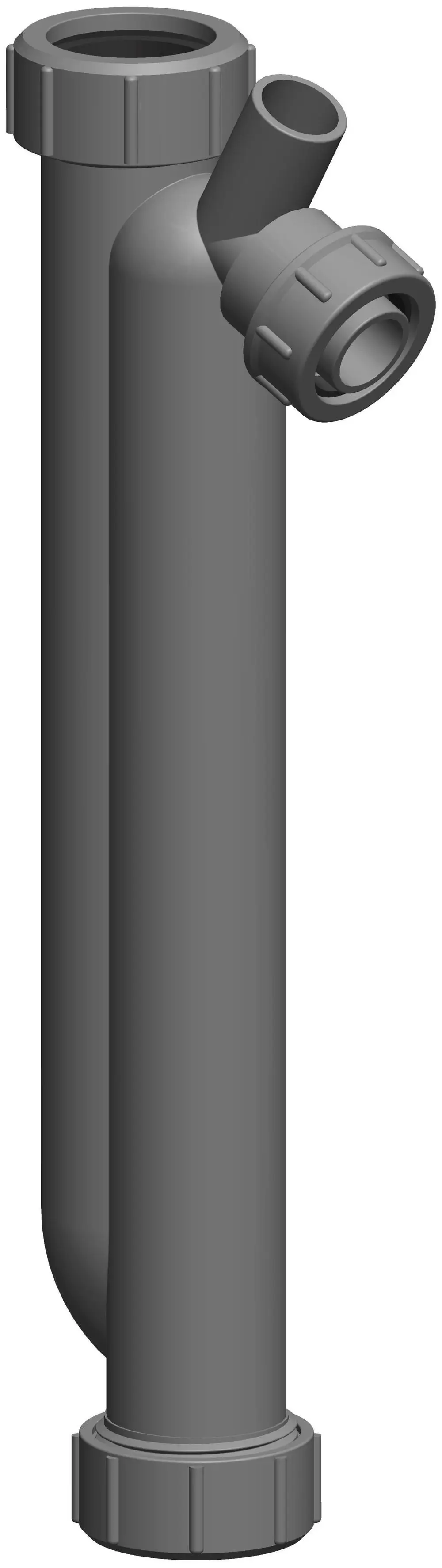 Siphon aus grauem Kunststoff mit zwei Anschlussöffnungen, einer für den Eingang und einer für den Abfluss. Produkt von ATEC.