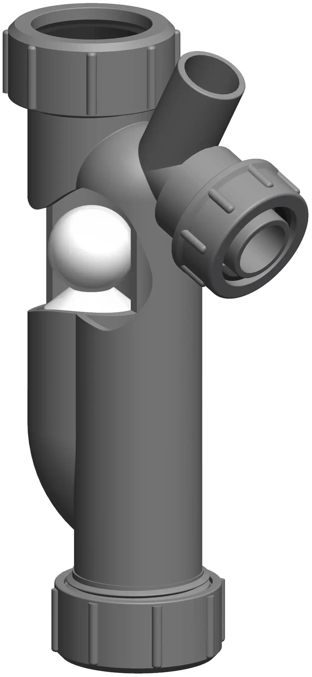 Siphon von ATEC aus Kunststoff mit kugelförmigem Ventil. Ansicht mit seitlichem Anschluss und Durchflussöffnung. Geeignet für Abwasseranwendungen.