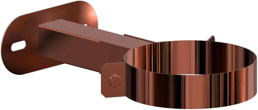 Wandabstandhalter mit einem halbrunden Ring und einer flachen Halterung, in Kupferoptik, hergestellt von ATEC. Geeignet zur Befestigung von Rohren oder anderen Installationen.