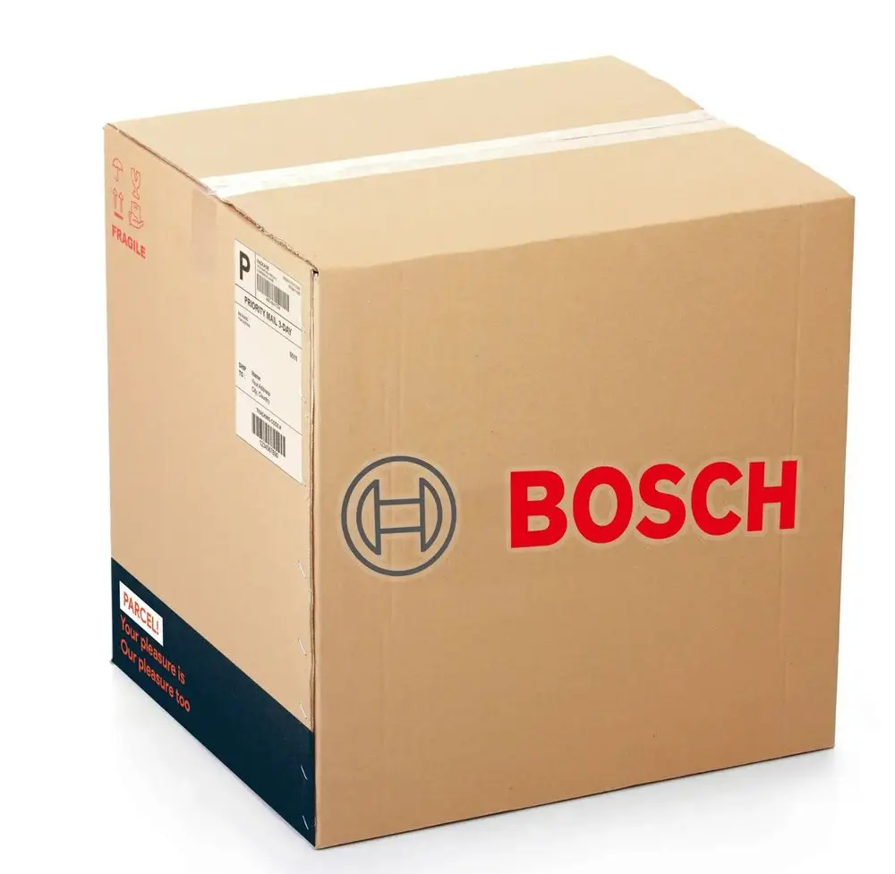 Braune Verpackung in Kartonform mit dem Schriftzug "BOSCH" in roter Farbe. Oben ist die Umverpackung verschlossen. Auf der Seite sind Versandinformationen deutlich sichtbar.