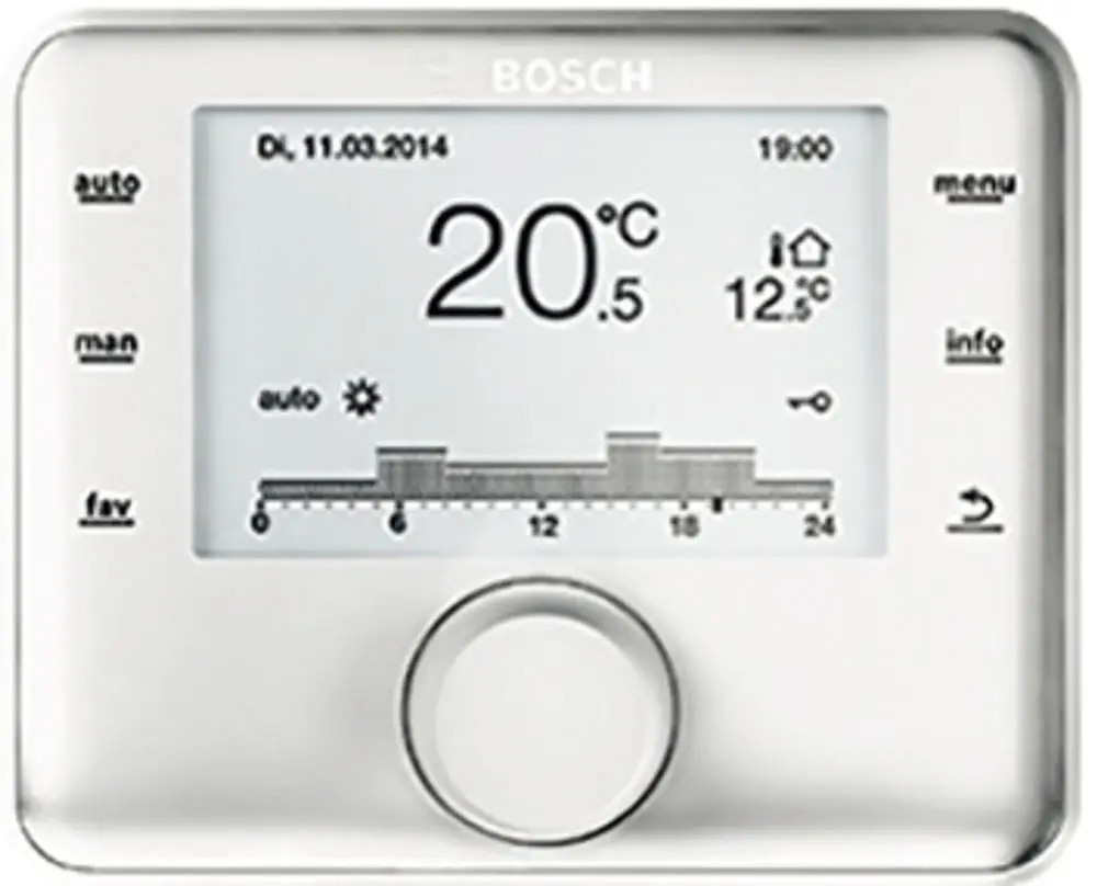 Weißer digitaler Heizungsregler von Bosch mit Display, zeigt aktuelle Temperatur und Uhrzeit an, sowie Heizungsprogramme und weitere Informationen. Drehknopf zur Einstellung sichtbar.