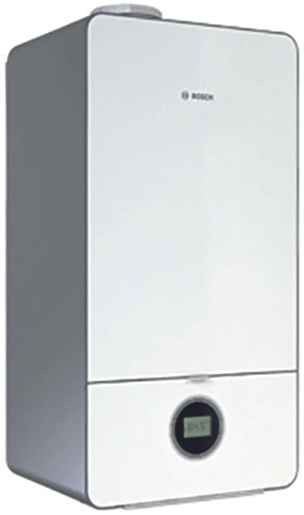 Wandhängendes Heizgerät in Weiß von Bosch mit digitaler Anzeige und kompaktem Design. Ideal für Heizungsanlagen in Wohnräumen.