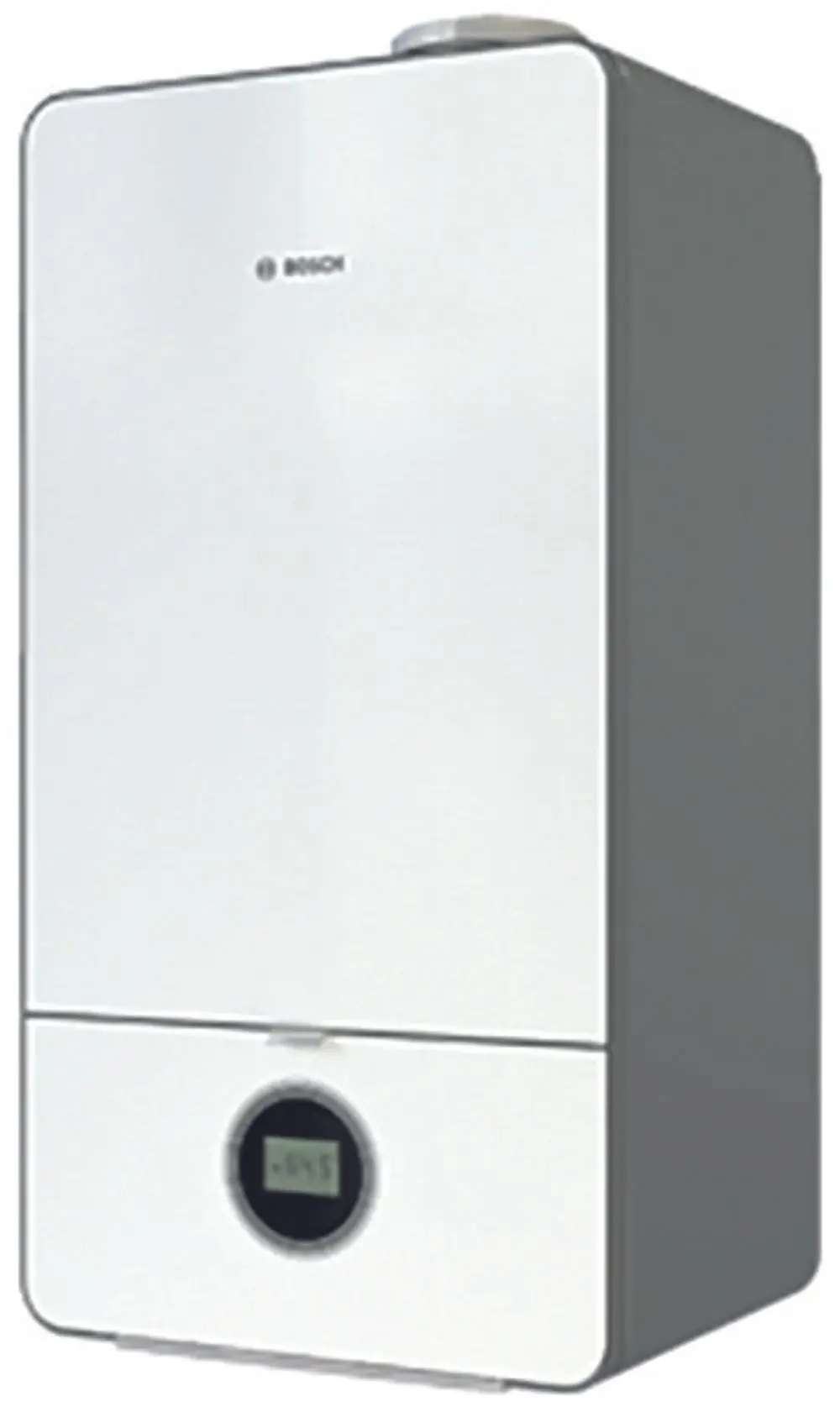 Wandhängendes Heizgerät von Bosch in Weiß mit digitalem Display und minimalistischem Design.