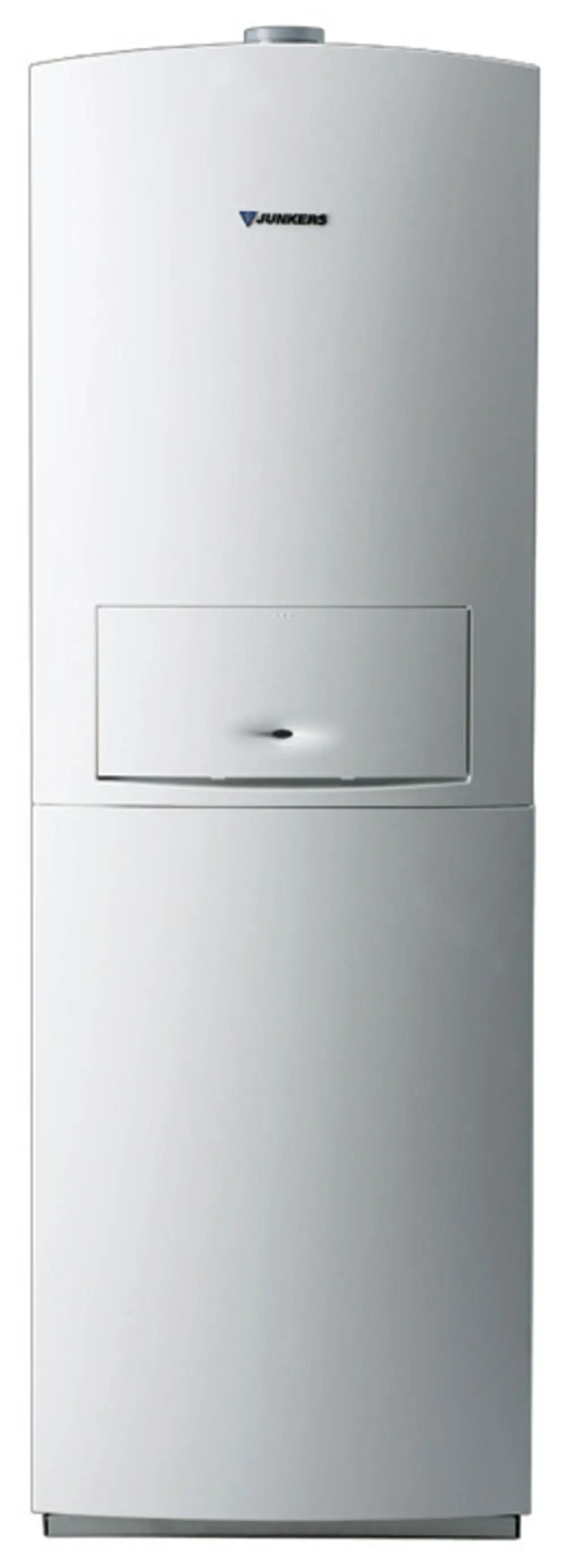 Weißes Gas-Brennwertgerät von Bosch mit abgerundeter Oberseite, unterhalb ein schmaler Ausgabeschacht, im modernen Design, auf einem hellen Hintergrund.