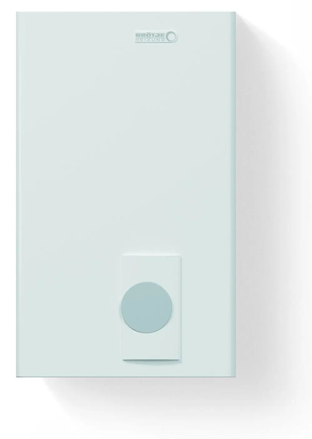 Wandmontiertes Heizgerät in hellem Design mit einer runden Steuerfläche, gefertigt von Brötje, zur Energieeffizienz und Heizungsregelung.
