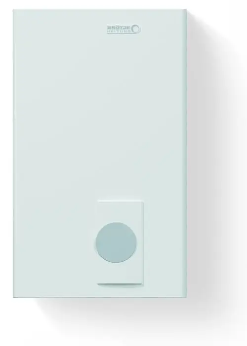 Wandmontiertes Heizgerät in hellem Design mit einer runden Steuerfläche, gefertigt von Brötje, zur Energieeffizienz und Heizungsregelung.