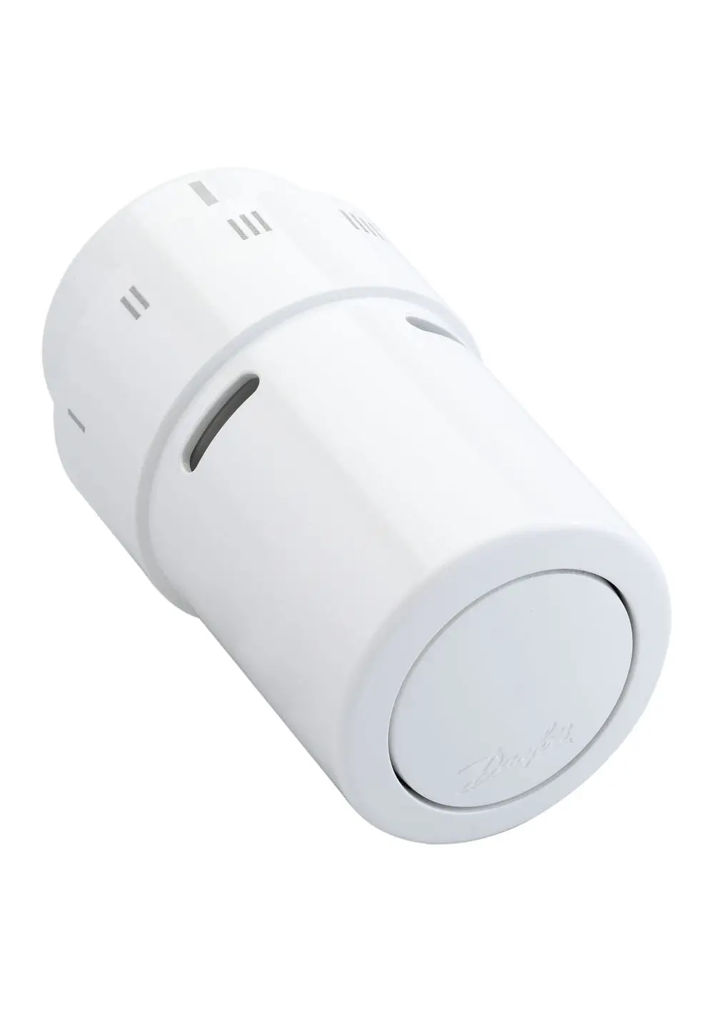 Weißes Fühlerelement von Danfoss mit einem abgerundeten Design und mehreren Einstellungsmöglichkeiten auf der Oberfläche. Ideal zur Temperaturregelung in Heizsystemen.