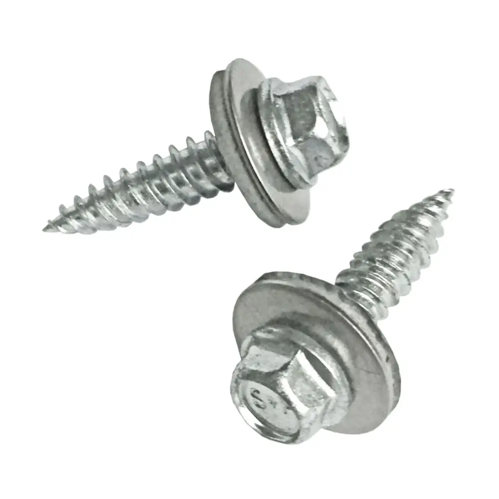 Zwei metallische Bohrschrauben mit Sechskopf und Unterlegscheibe, die eine typische Anwendung im Bau- und Montagebereich darstellen. Produkt von SL Rack.