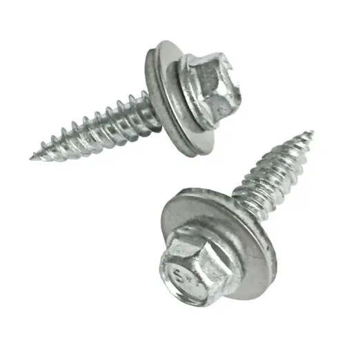 Zwei metallische Bohrschrauben mit Sechskopf und Unterlegscheibe, die eine typische Anwendung im Bau- und Montagebereich darstellen. Produkt von SL Rack.