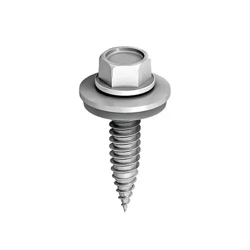 Bohrschraube mit Sechskantkopf, flachen Unterlegscheibe und spiralförmigem Gewinde, hergestellt von SL Rack. Ideal für verschiedene Befestigungsanwendungen.
