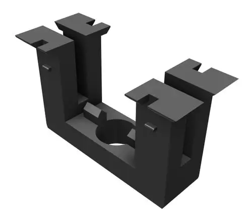 Einklickbaustein in Schwarz von SL Rack, mit zwei seitlichen Halterungen und einer runden Aussparung in der Mitte für Montagezwecke.