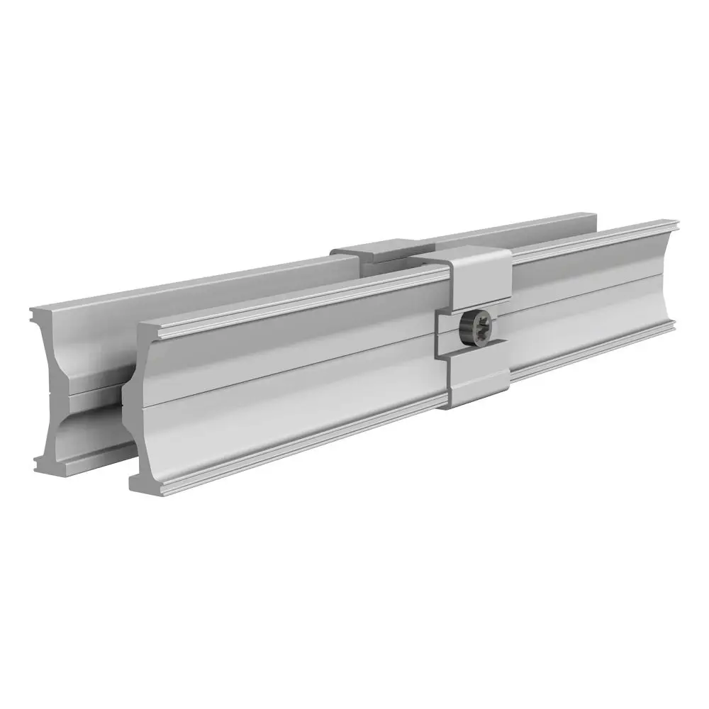 Innenverbinder mit vormontierten Schrauben, hergestellt von SL Rack. Das Produkt zeigt eine Verbindung zwischen zwei Aluminiumprofilen.