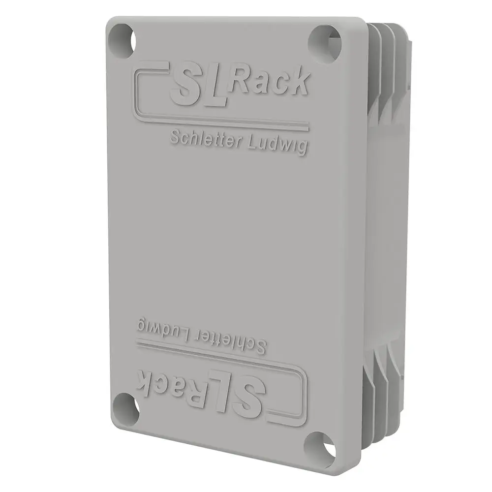 Graue Kunststoff-Endkappe mit dem Logo von SL Rack, geeignet für die Befestigung und den Abschluss von Profilelementen in elektrischen Installationen.