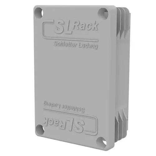 Graue Kunststoff-Endkappe mit dem Logo von SL Rack, geeignet für die Befestigung und den Abschluss von Profilelementen in elektrischen Installationen.