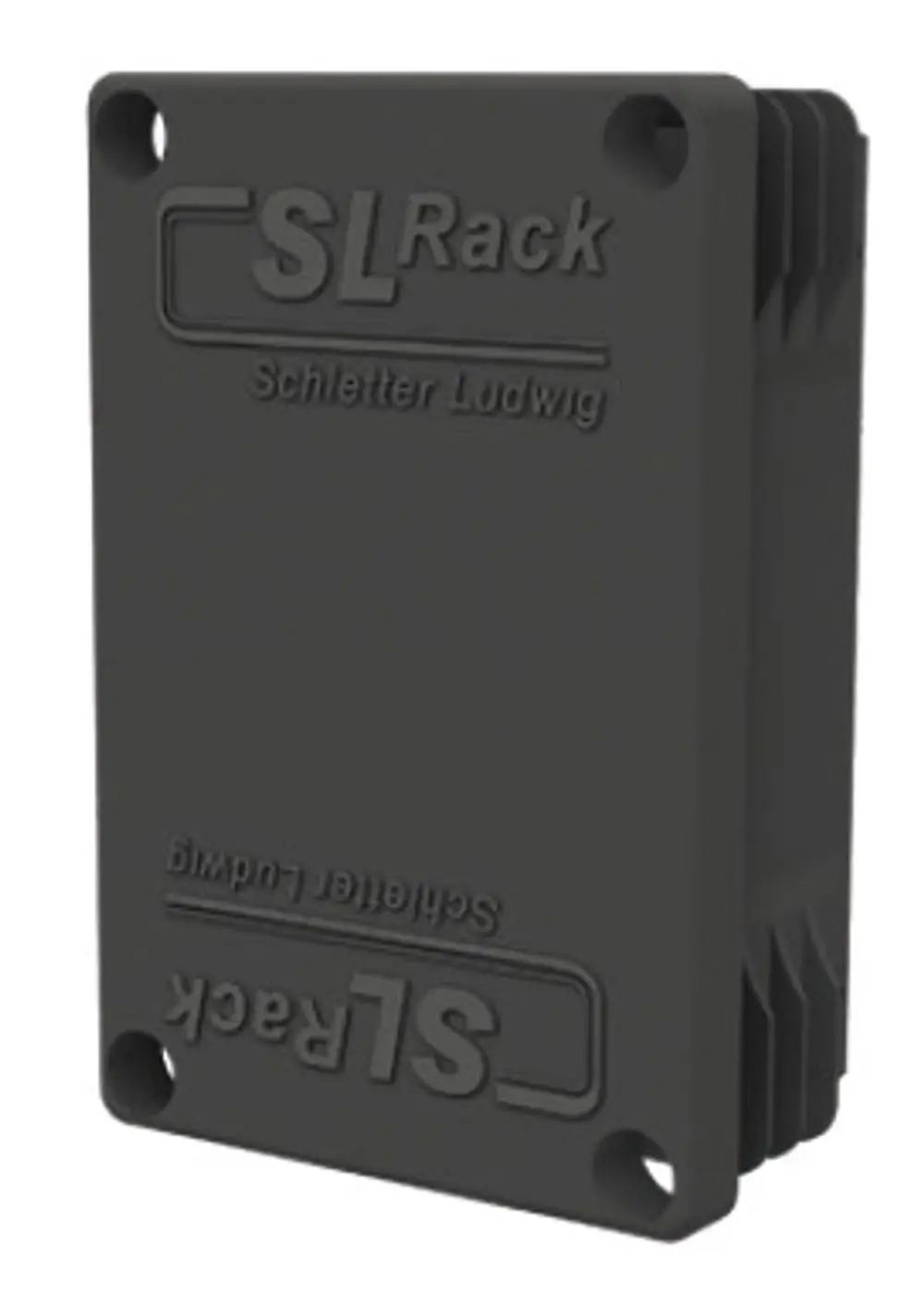 Schwarze Kunststoffkappe mit Prägung „SL Rack“, die für die Abdeckung eines Profils oder einer Schiene dient. Ecken sind abgerundet, zwei Bohrungen zum Befestigen sind vorhanden.