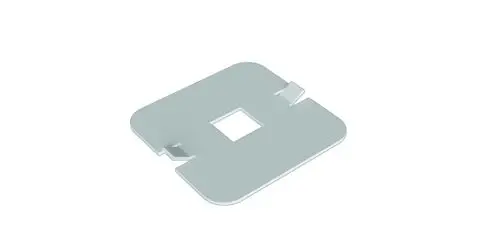 Unterlegblech in quadratischer Form, mit Aussparung und oberen Einkerbungen, geeignet für die Montage. Produkt von SL Rack.