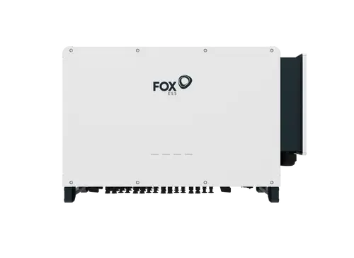 Weißes Gehäuse eines Wechselrichters mit dem Logo von FoxESS. Die Front zeigt Lüftungsschlitze und Anschlussmöglichkeiten für die Energieversorgung.