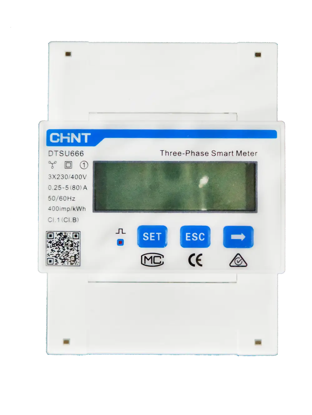 Abgebildeter 3-Phasen-Zähler von FoxESS mit LCD-Anzeige und Bedienelementen. Enthält Informationen zu Stromstärke und Spannung für die Energieüberwachung.