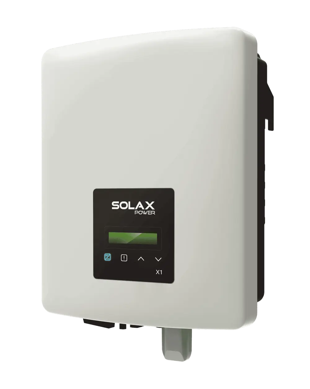 Weißer Solax Wechselrichter mit einem Display und Bedienelementen an der Vorderseite, geeignet für die Installation in einem Photovoltaiksystem.