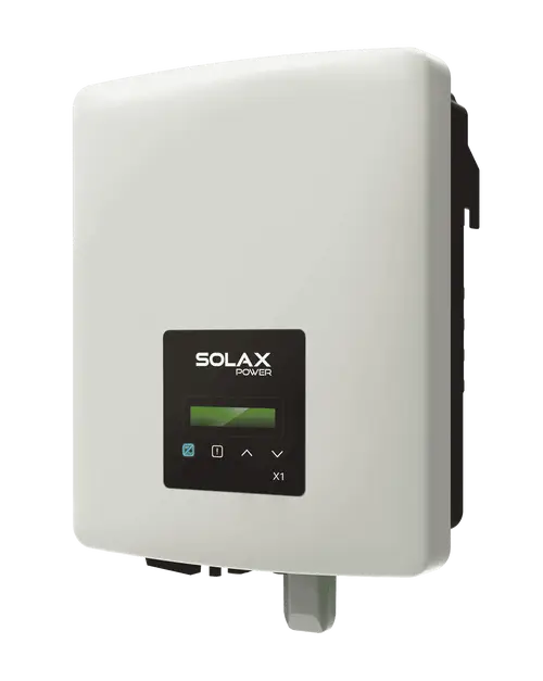 Weißer Solax Wechselrichter mit einem Display und Bedienelementen an der Vorderseite, geeignet für die Installation in einem Photovoltaiksystem.
