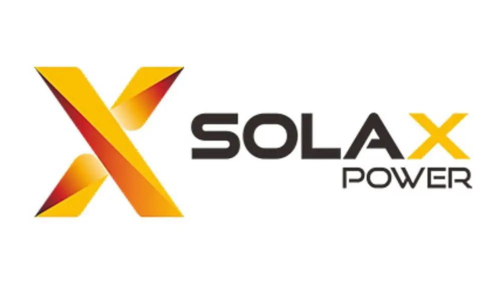 Logo von Solax Power, bestehend aus einem stilisierten roten und orangefarbenen "X" und dem Schriftzug "SOLAX POWER" in Schwarz und Gelb.