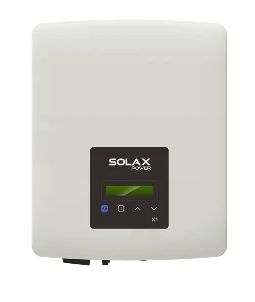 Weißer Solax Wechselrichter mit schwarzem Display und Bedienelementen. Anzeigen zur Stromproduktion und Einstellungen sind sichtbar. Gerät für die Wandmontage konzipiert.
