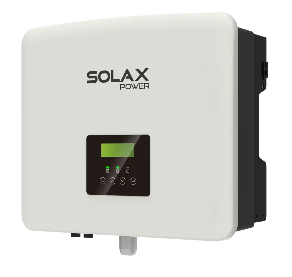 Solax Wechselrichter mit einem digitalen Display und Bedienelementen, in einem kompakten weißen Gehäuse, zur Integration in Solaranlagen.