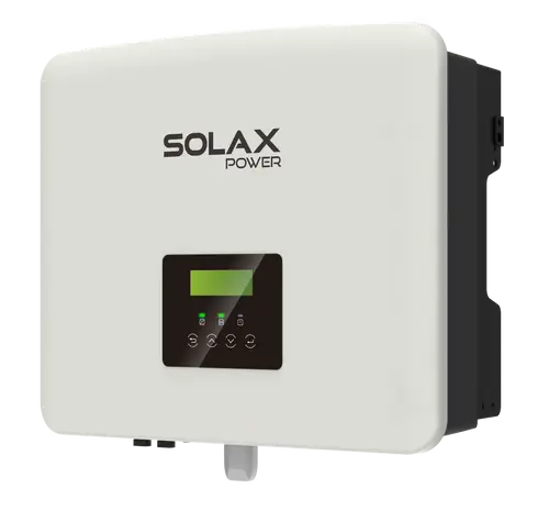 Solax Wechselrichter mit einem digitalen Display und Bedienelementen, in einem kompakten weißen Gehäuse, zur Integration in Solaranlagen.