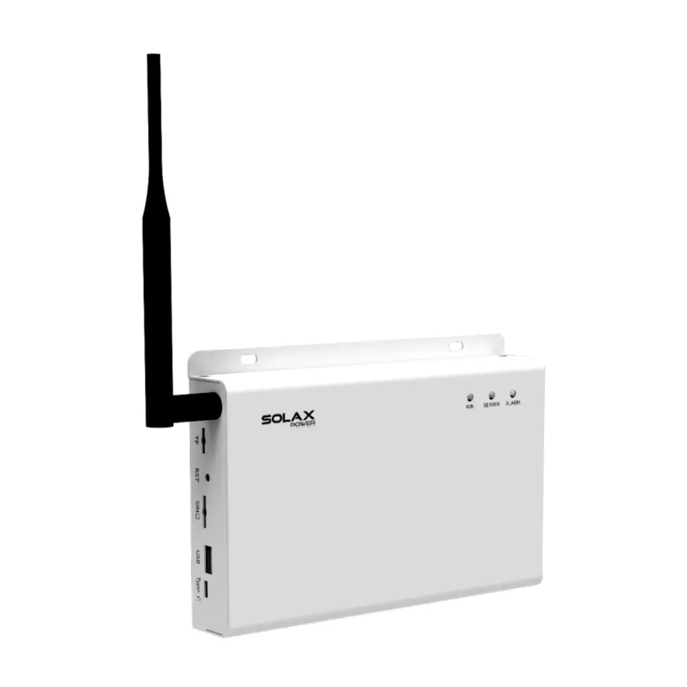 Weißes Gerät mit Antenne, das Signalanzeigen und mehrere Anschlussbuchsen zeigt. Es trägt das Logo der Marke Solax auf der Vorderseite.