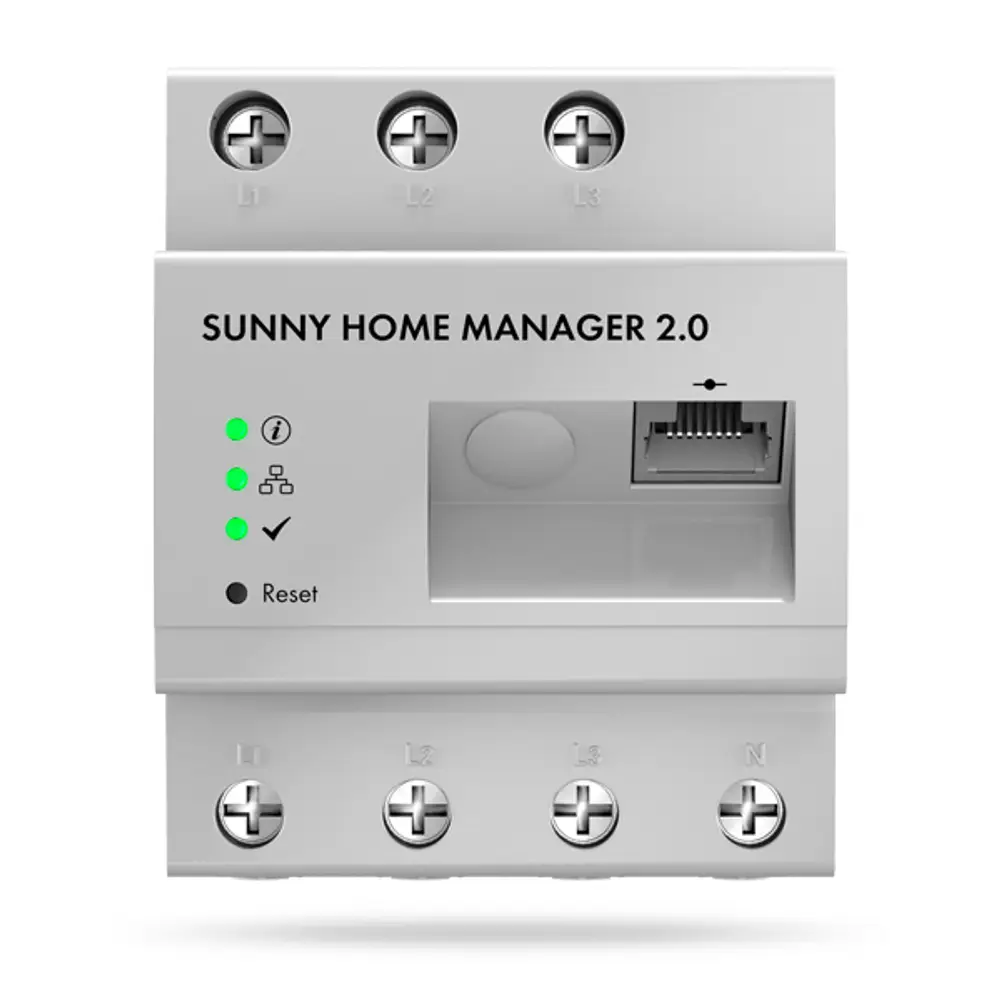 Steuergerät für das Energiemanagement mit Ethernet-Anschluss. Anzeigeleuchten für Statusinformationen und Reset-Taste. Entwickelt von SMA.