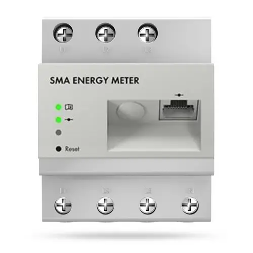 SMA Energiezähler mit drei Anschlussklemmen (L1, L2, L3) und Netzwerkanschluss. Mit verschiedenen Statusanzeigen und einem Reset-Knopf.