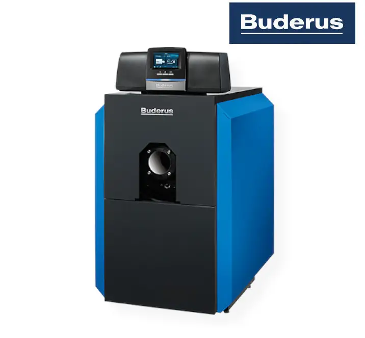 Buderus Heizkessel in kompaktem Design, mit digitalem Bedienfeld und Anschluss für Gasbrennstoff. Vorderseite mit runder Öffnung und seitlichen Lüftungsschlitzen.