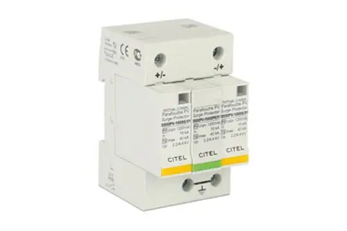 Weißer Surge Protector von Citel, geeignet für DC-Anwendungen, montierbar auf DIN-Schienen, zur Sicherung von Photovoltaikanlagen wie Fronius Symo.