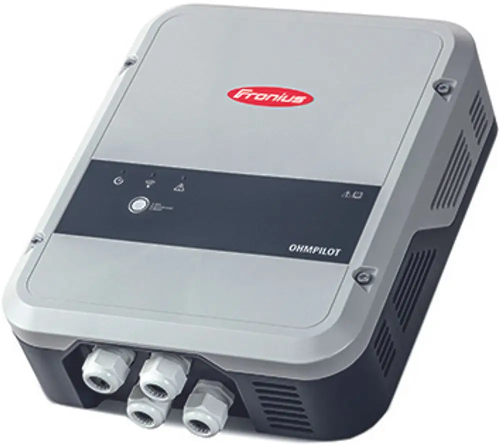 Fronius-Gerät zur Steuerung von Energieflüssen, ausgestattet mit mehreren Anschlüssen an der Unterseite und einer Statusanzeige auf der Frontseite.