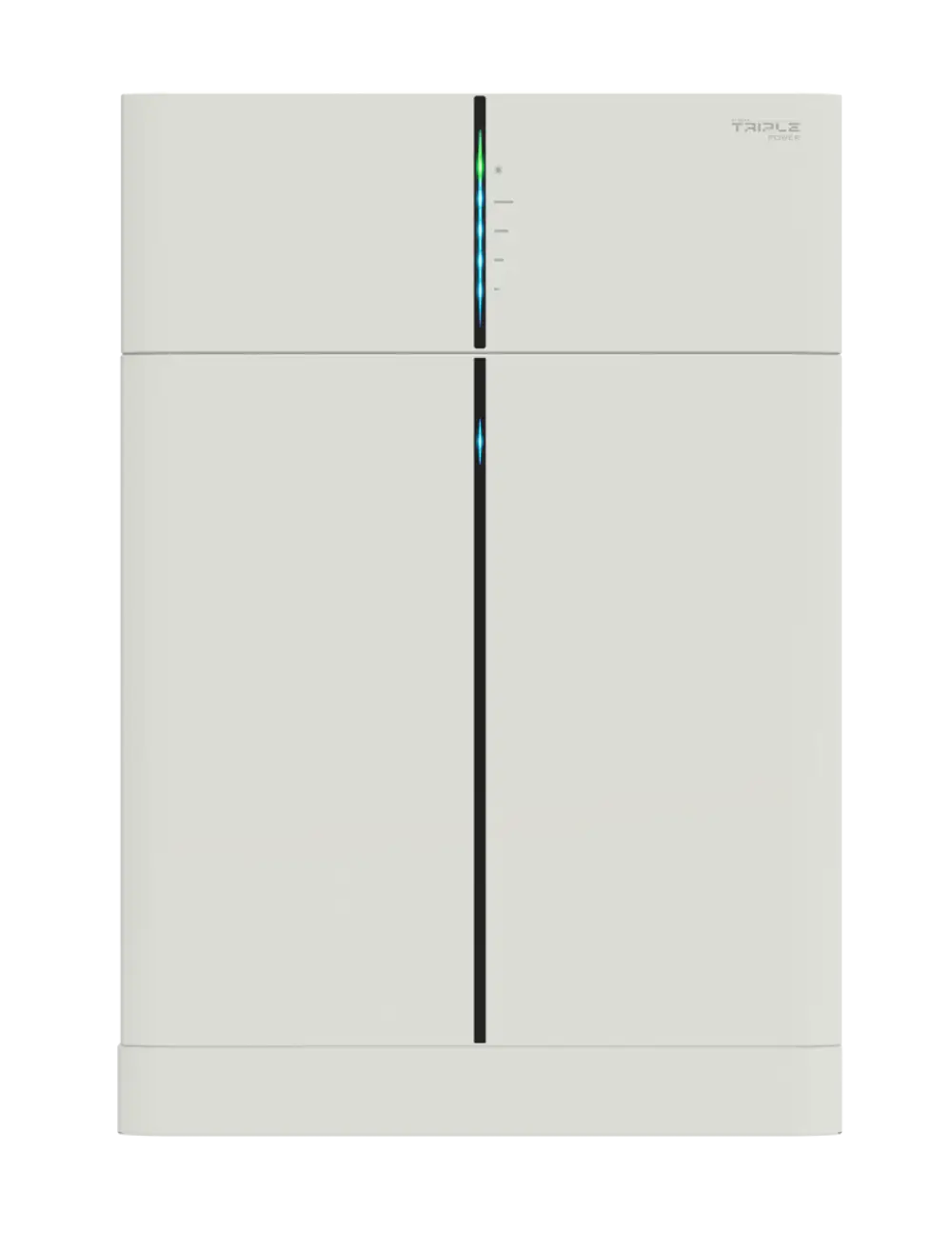 Weißes Batteriemodul von Solax mit einem klaren Design und einer vertikalen Teilung, das an einer neutralen Oberfläche positioniert ist.