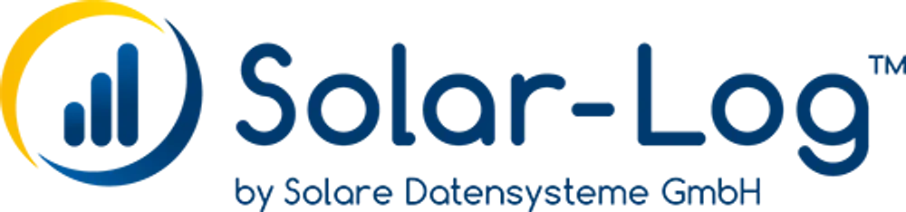 Logo von Solar-Log, das den Schriftzug "Solar-Log" und den Zusatz "by Solare Datensysteme GmbH" zeigt, umgeben von grafischen Elementen in Blau und Gelb.